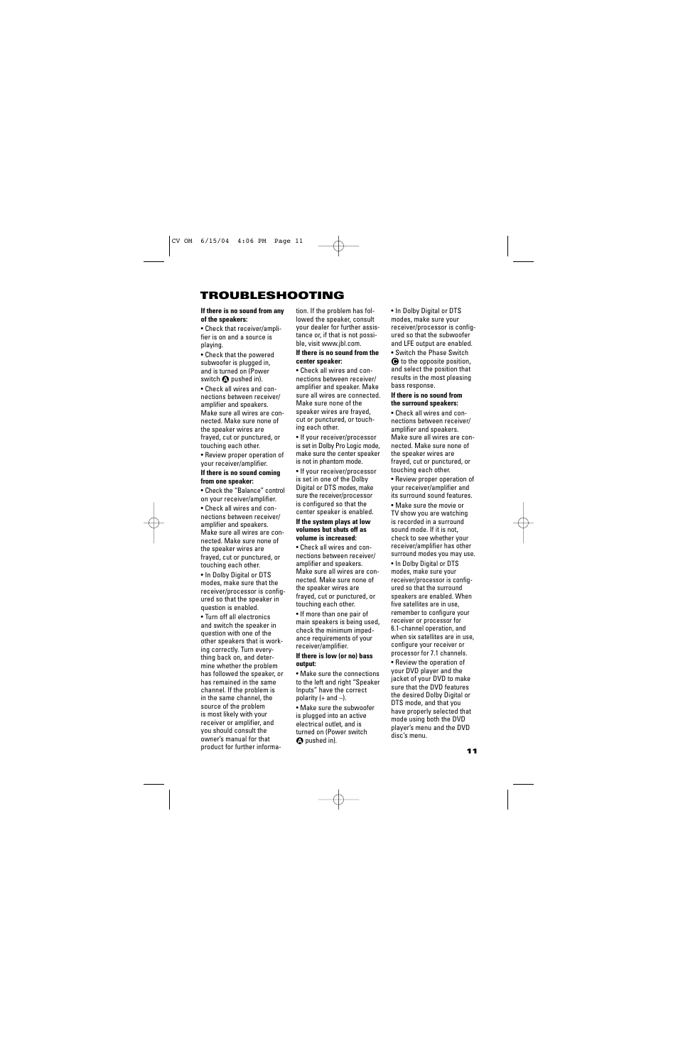 Troubleshooting | JBL CVCEN50 User Manual | Page 11 / 12