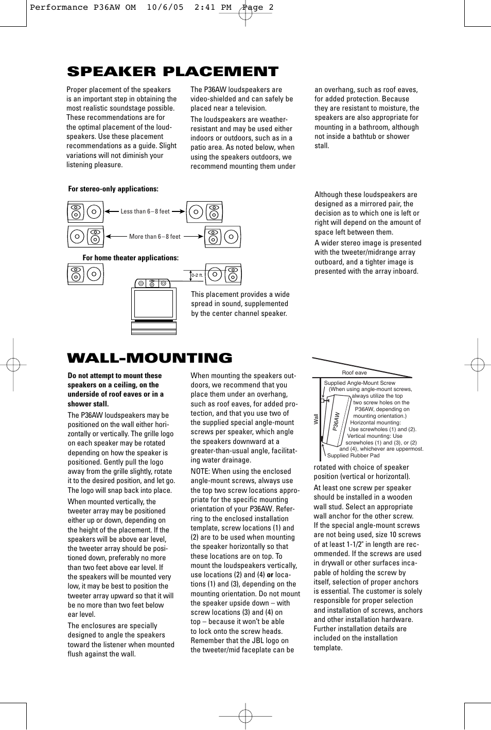 Speaker placement, Wall-mounting | JBL P36AW User Manual | Page 2 / 4