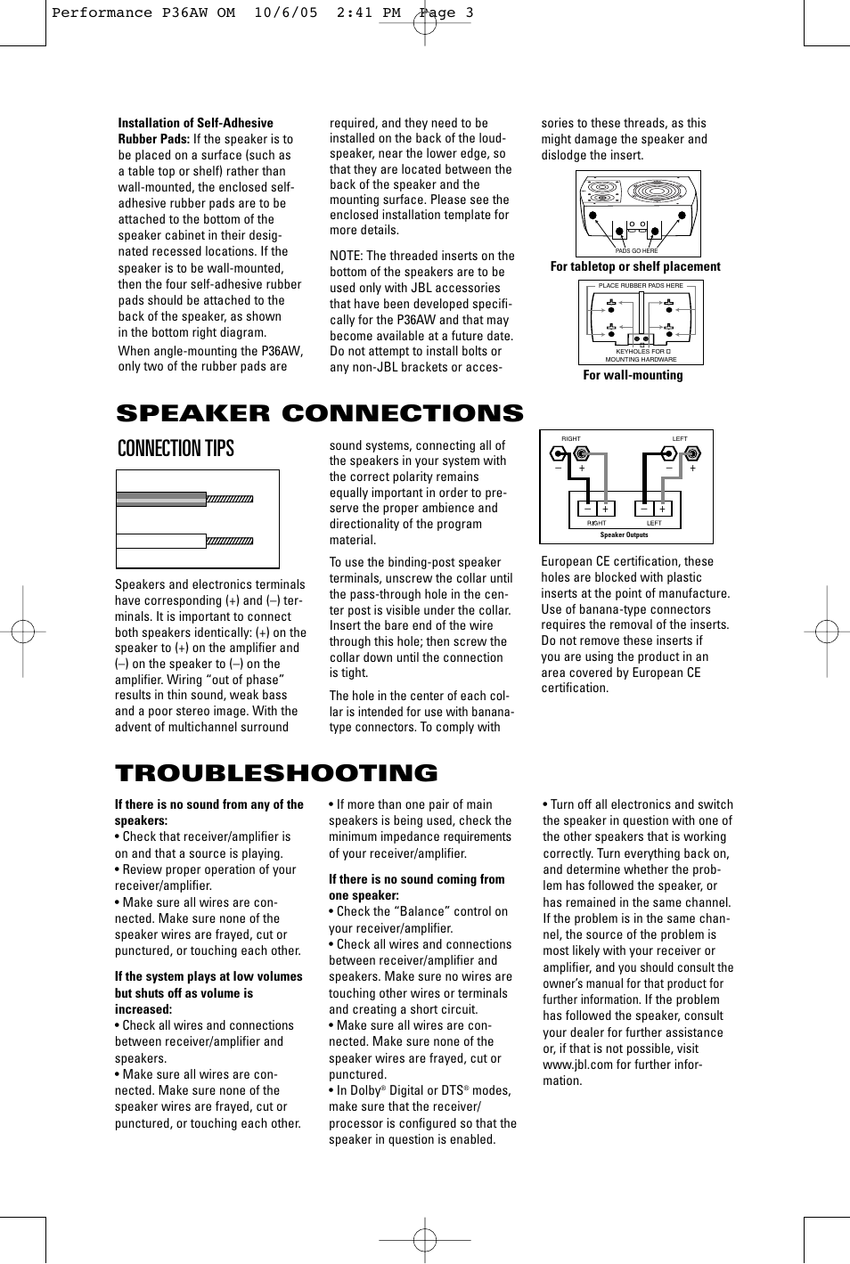 Connection tips speaker connections, Troubleshooting | JBL P36AW User Manual | Page 3 / 4