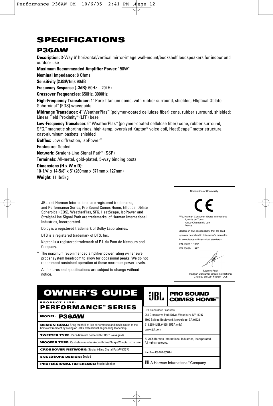 Owner’s guide, Specifications, P36aw | P36aw performance, Series, Pro sound comes home | JBL P36AW User Manual | Page 4 / 4