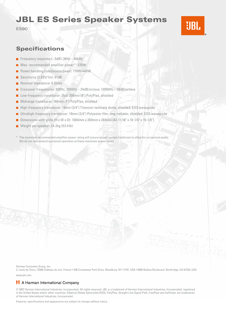 Jbl es series speaker systems, Specifications | JBL ES90 User Manual | Page 2 / 2