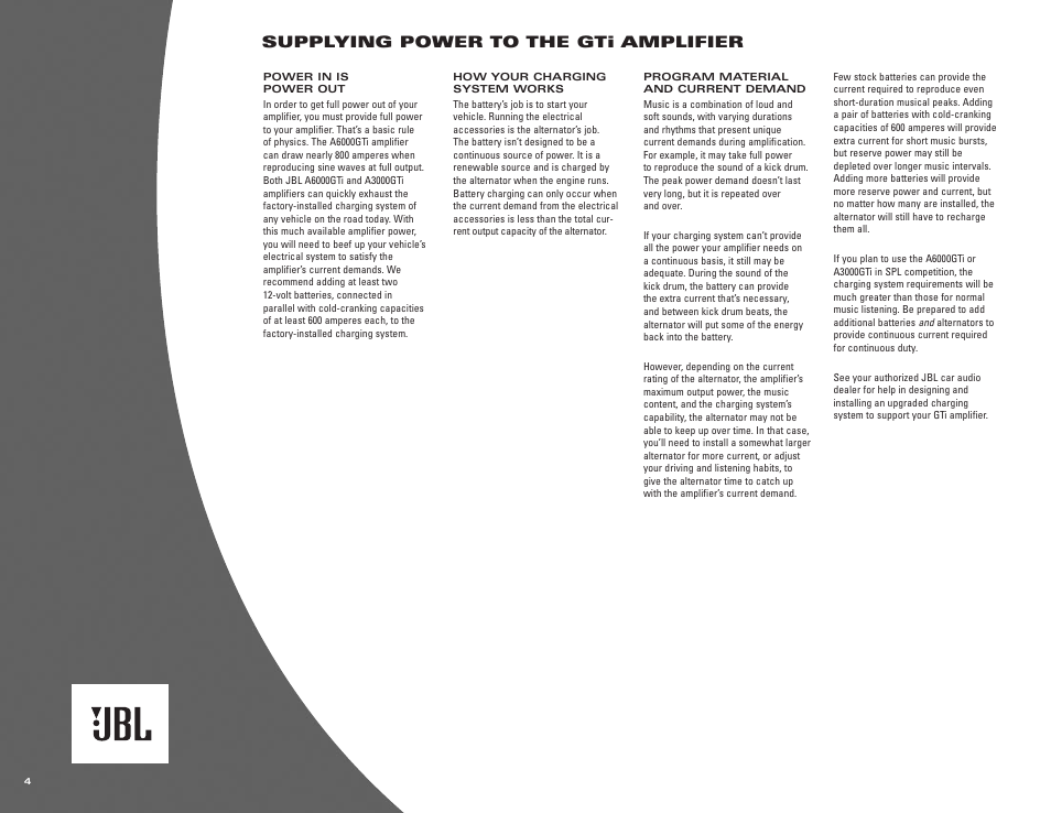 Supplying power to the gti amplifier | JBL A6000GTi User Manual | Page 4 / 12