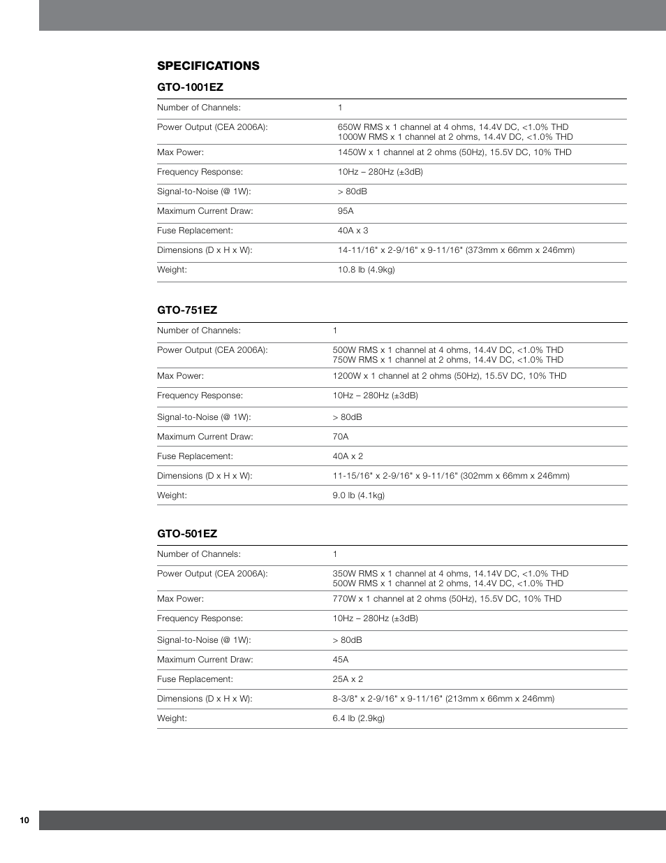 Specifications | JBL GTO-501EZ User Manual | Page 10 / 11