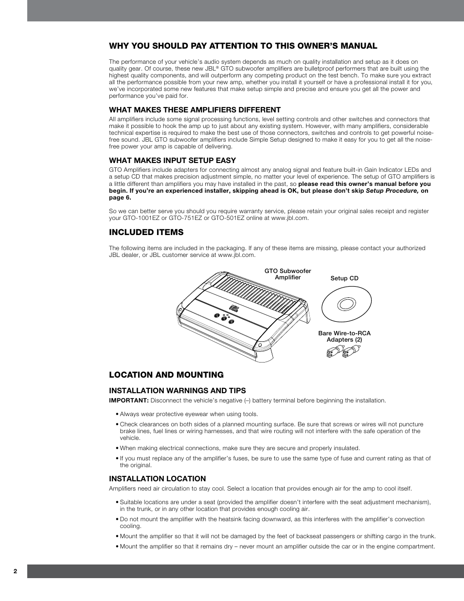 Included items, Location and mounting | JBL GTO-501EZ User Manual | Page 2 / 11