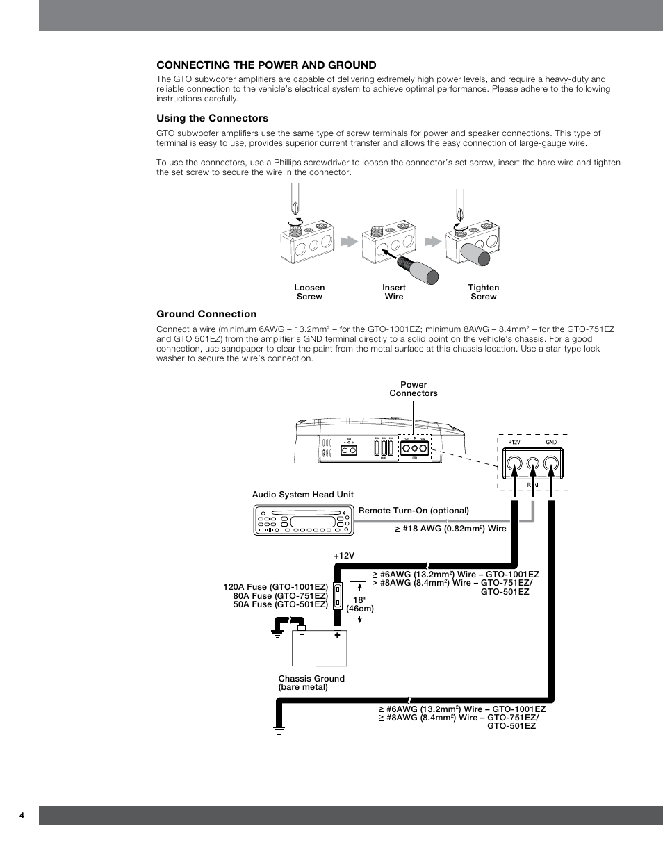 Connecting the power and ground | JBL GTO-501EZ User Manual | Page 4 / 11