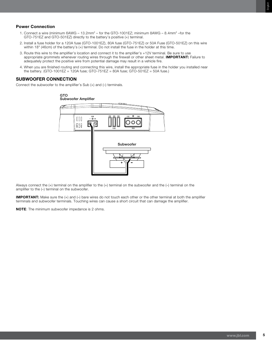 Subwoofer connection | JBL GTO-501EZ User Manual | Page 5 / 11