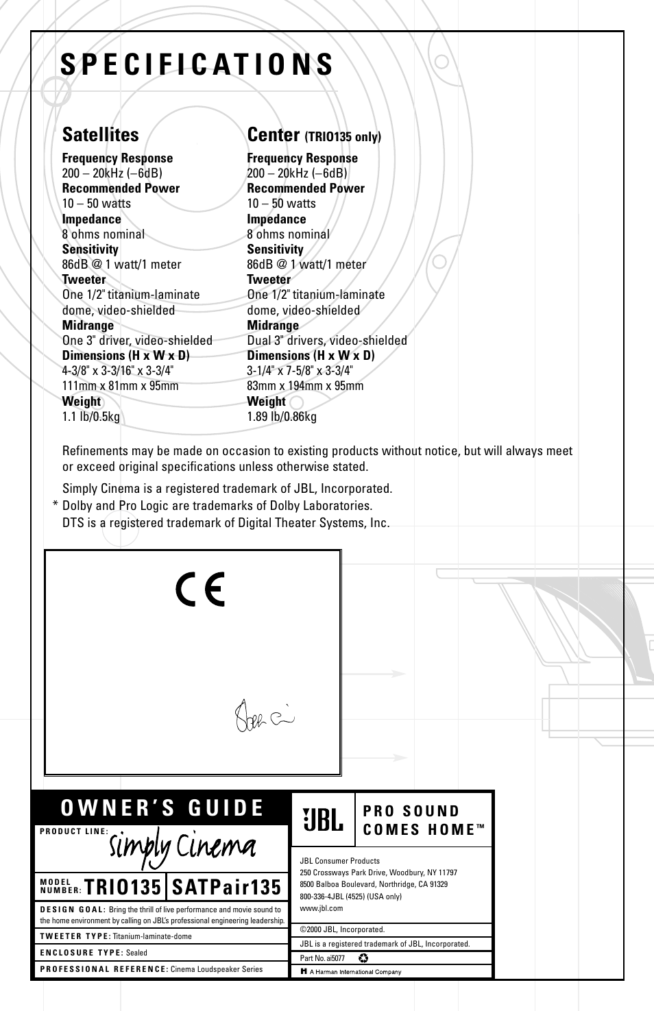 Satellites, Center | JBL TRIO135 User Manual | Page 8 / 8