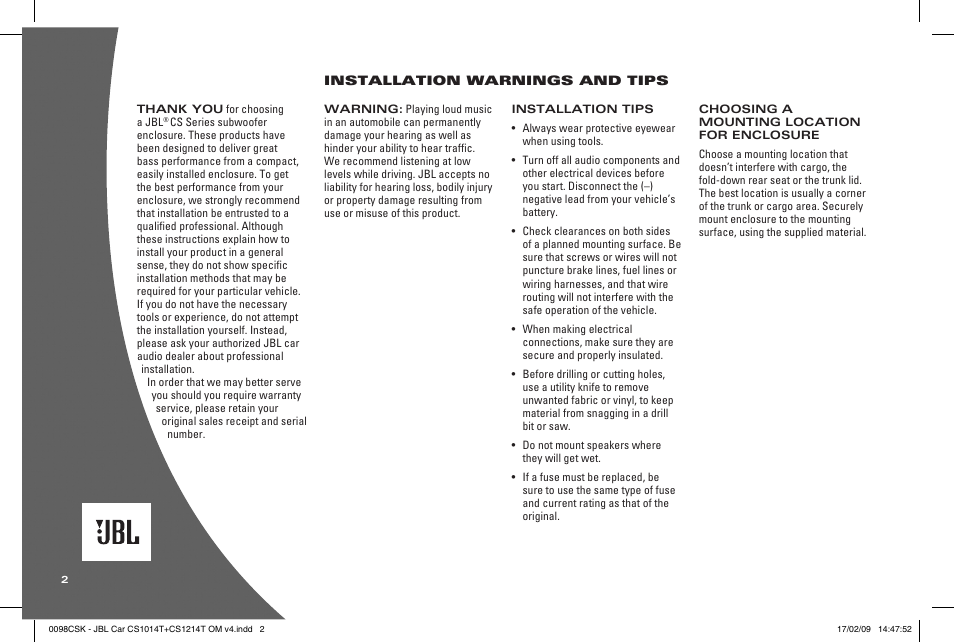 JBL CS1214T User Manual | Page 2 / 4