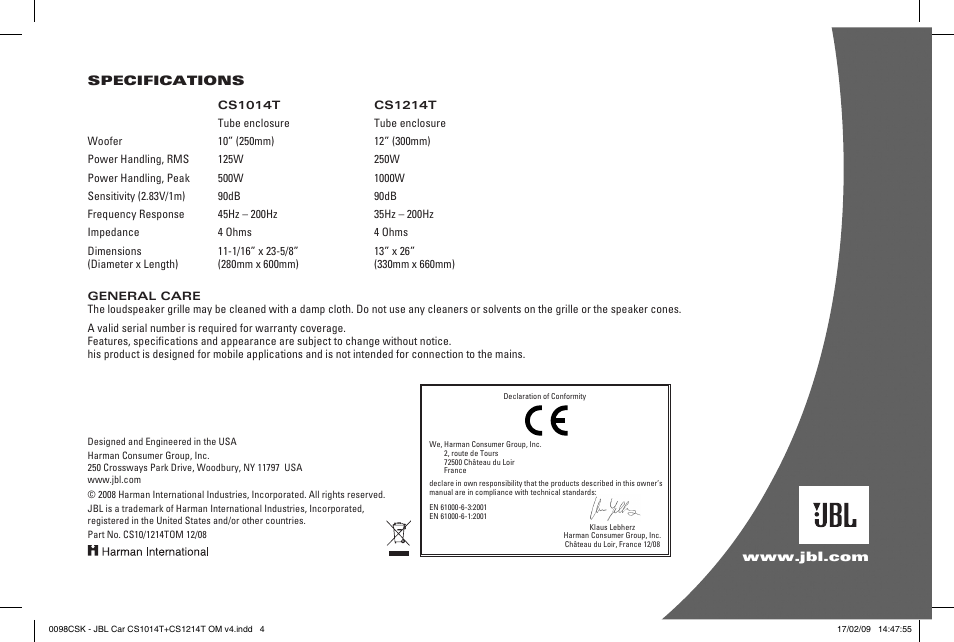 JBL CS1214T User Manual | Page 4 / 4