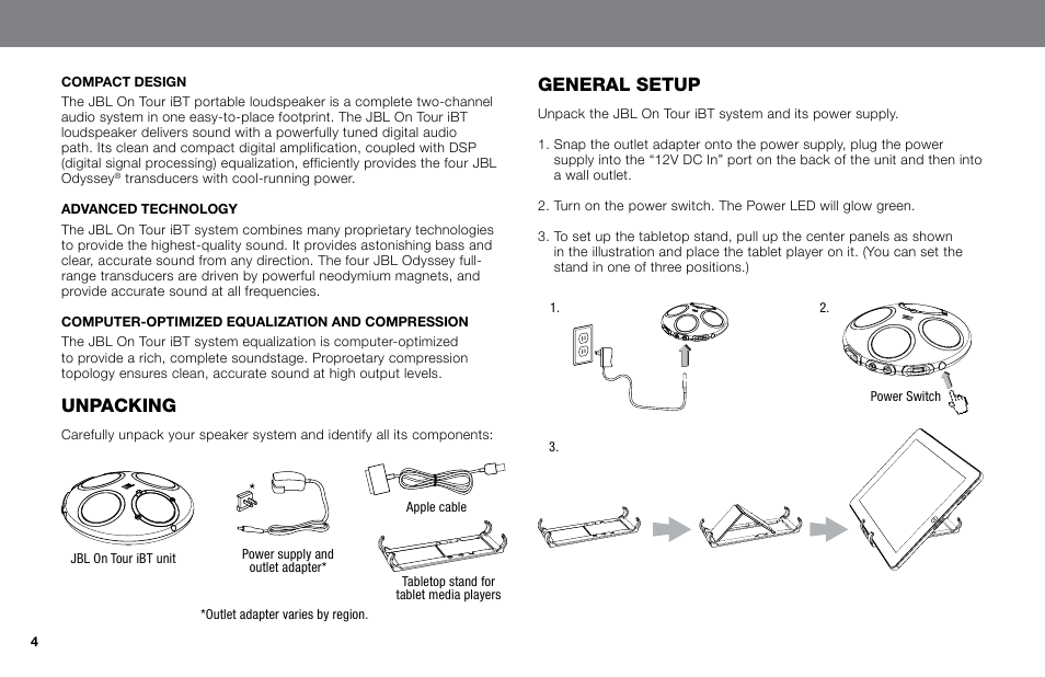 Unpacking, General setup | JBL NO TOUR IBT User Manual | Page 4 / 13