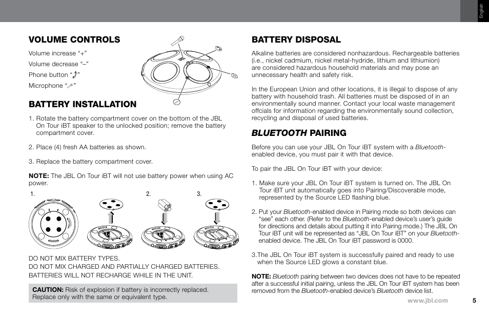 Volume controls, Battery installation, Battery disposal | Bluetooth pairing | JBL NO TOUR IBT User Manual | Page 5 / 13