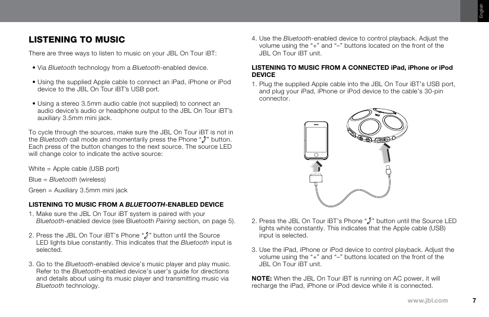 Listening to music | JBL NO TOUR IBT User Manual | Page 7 / 13