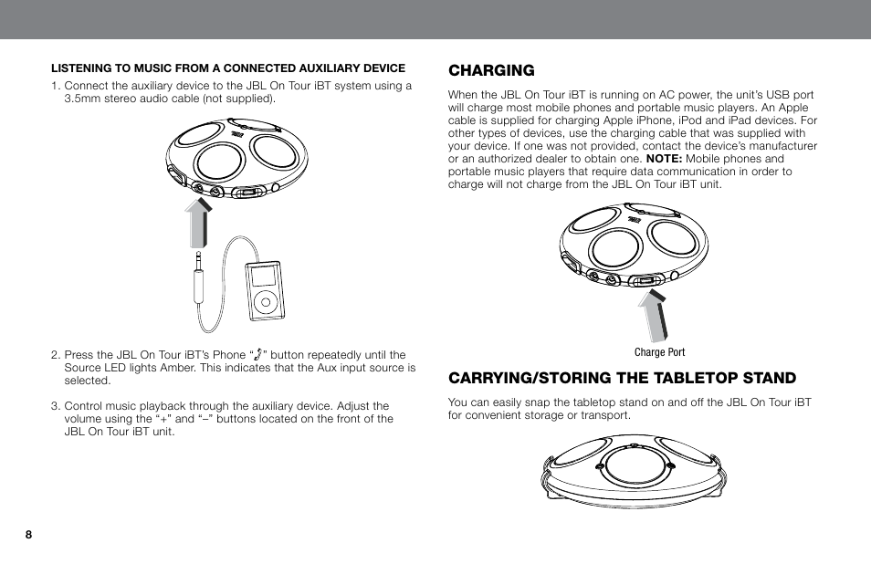 Charging, Carrying/storing the tabletop stand | JBL NO TOUR IBT User Manual | Page 8 / 13