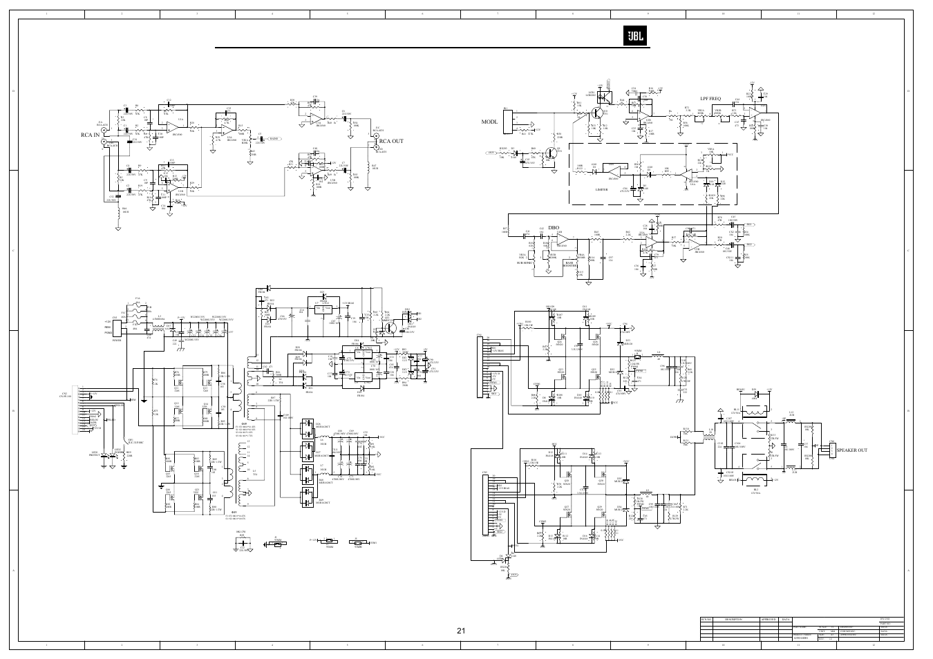 Schematics, Modl, Rca in | Rca out, Speaker out, Lpf freq | JBL GTO14001 User Manual | Page 22 / 24