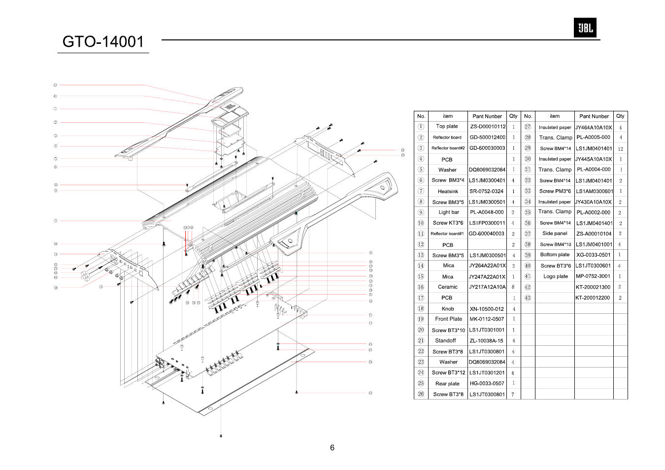 Exploded view/parts list | JBL GTO14001 User Manual | Page 7 / 24