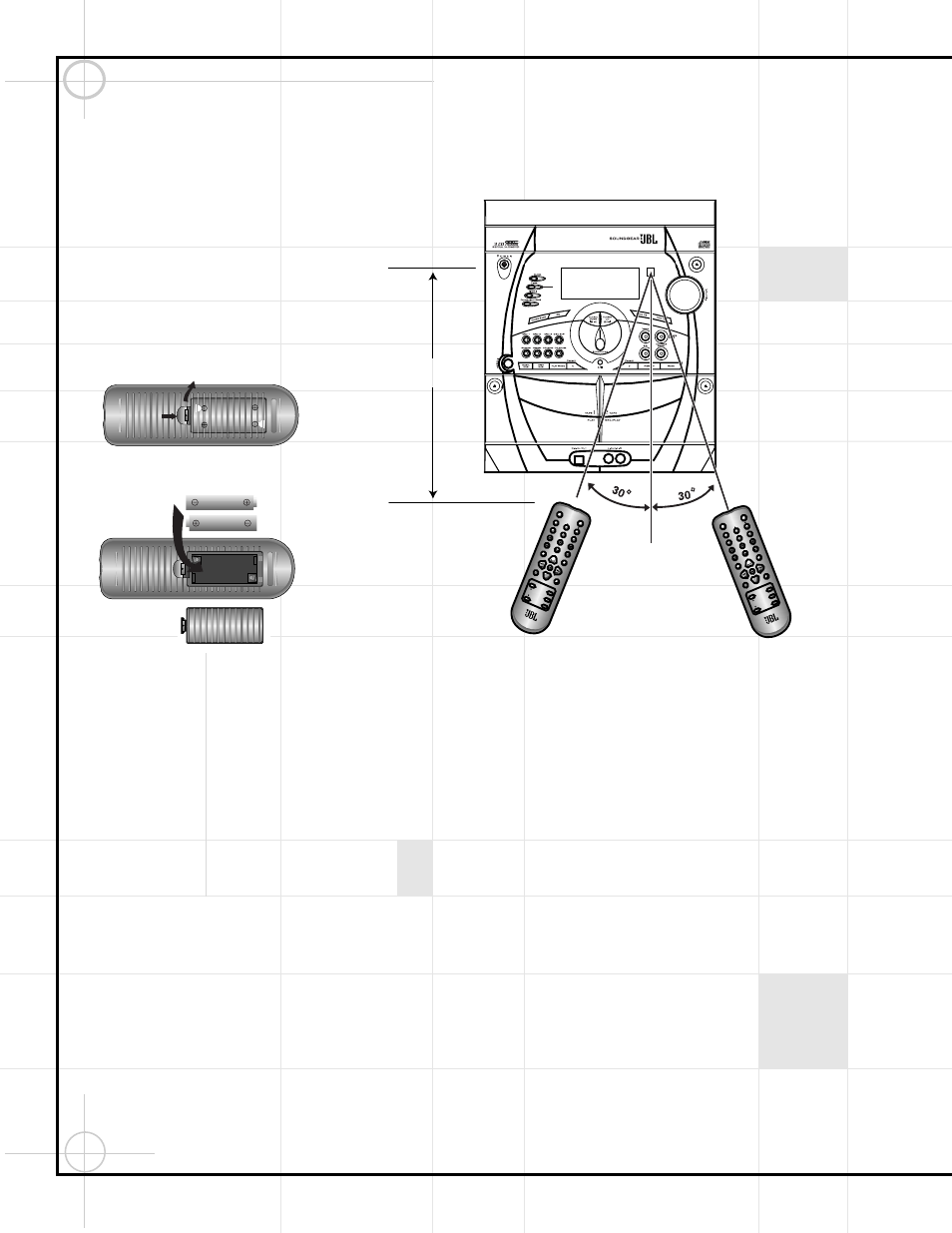 Getting started, Remote control operation, Batteries | Using the remote control, Open the battery cover insert two aaa batteries, Control range, Approx. 23 ft. (7m) | JBL SG2020 User Manual | Page 9 / 20