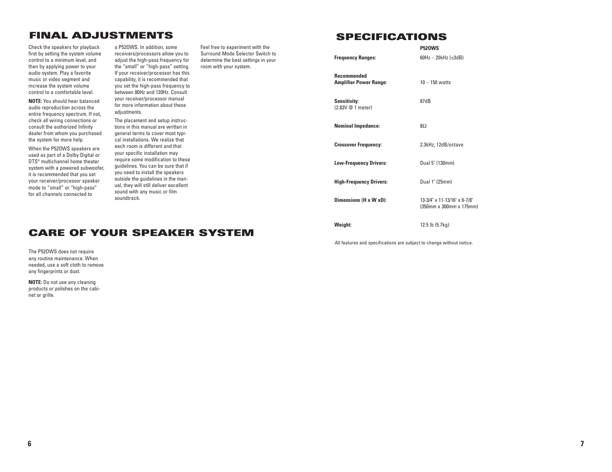 Final adjustments, Care of your speaker system, Specifications | JBL P52OWS User Manual | Page 4 / 4