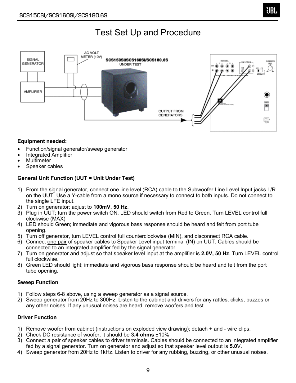 Test set-up and procedure, Test set up and procedure | JBL SCS150SI User Manual | Page 10 / 27