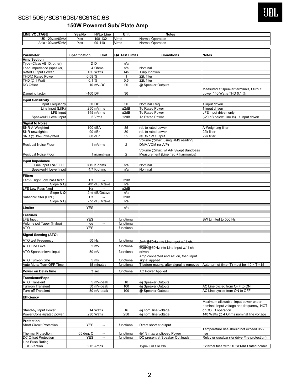 Detailed specifications, 150w powered sub/ plate amp | JBL SCS150SI User Manual | Page 3 / 27