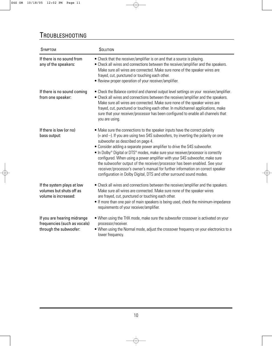 Roubleshooting | JBL Synthesis S4S User Manual | Page 10 / 12