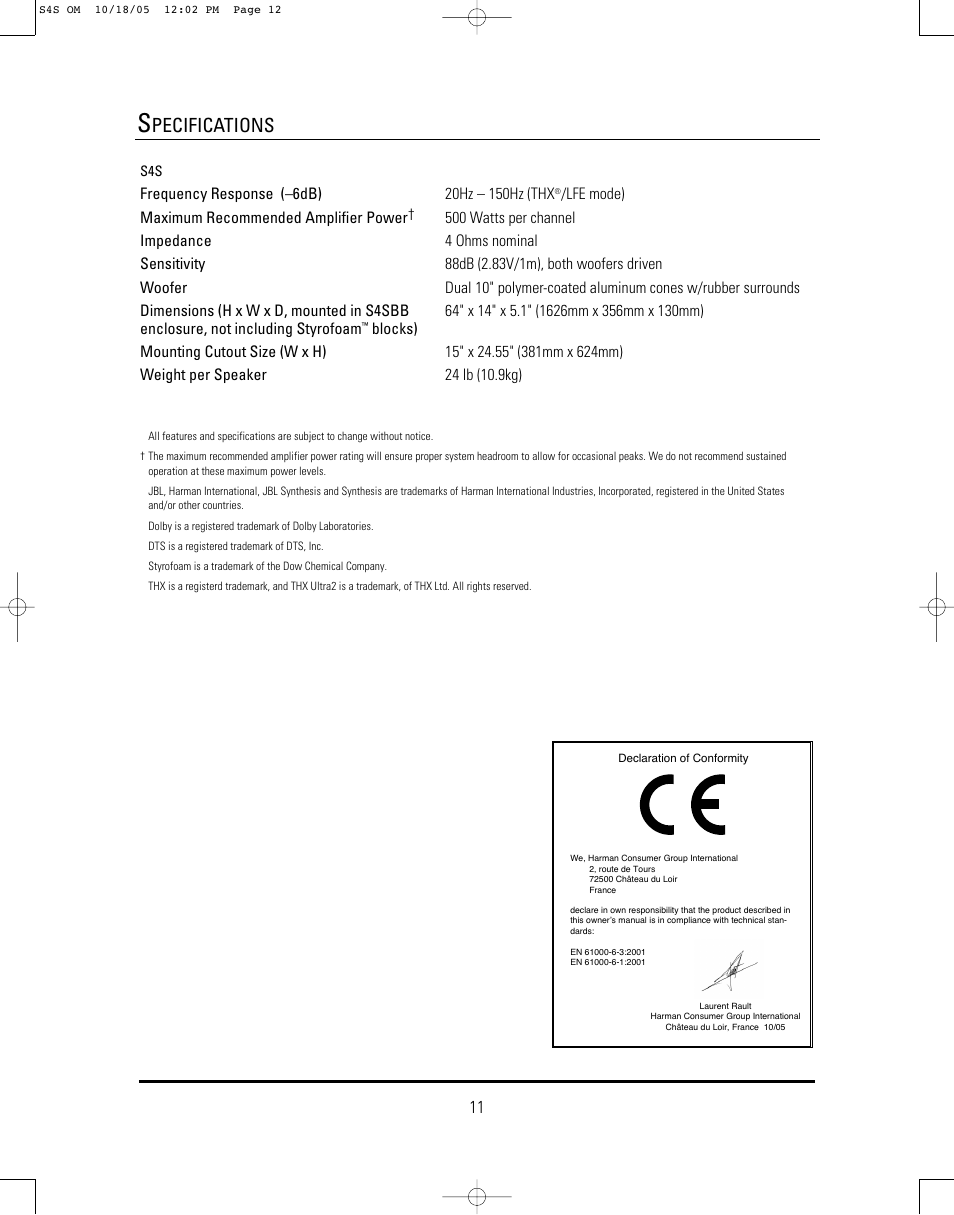 Pecifications | JBL Synthesis S4S User Manual | Page 11 / 12