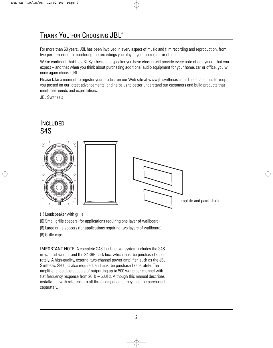 JBL Synthesis S4S User Manual | Page 2 / 12