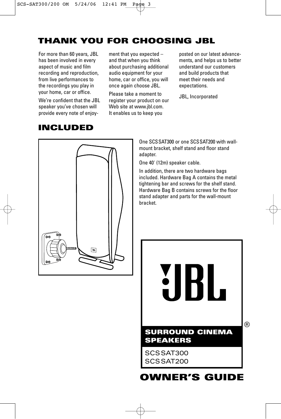 JBL SCSSAT300 User Manual | 8 pages