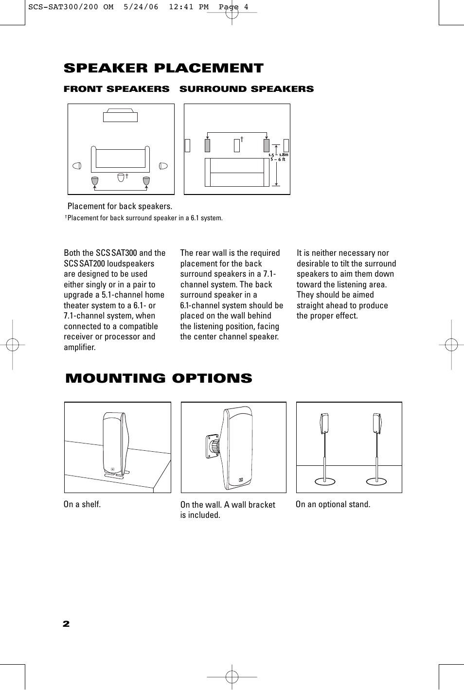 Mounting options, Speaker placement | JBL SCSSAT300 User Manual | Page 2 / 8