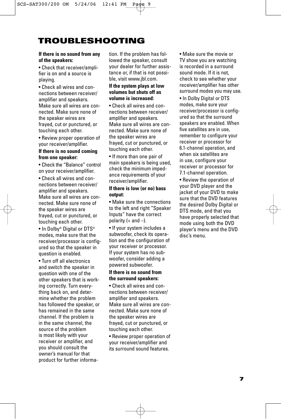 Troubleshooting | JBL SCSSAT300 User Manual | Page 7 / 8