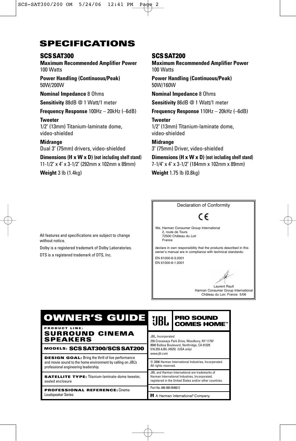 Owner’s guide, Specifications, Scs sat300 | Scs sat200, Surround cinema speakers | JBL SCSSAT300 User Manual | Page 8 / 8