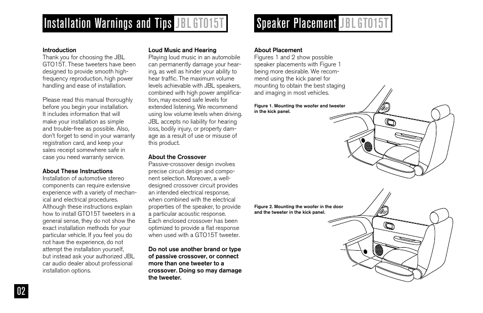 Speaker placement jbl gto15t, Installation warnings and tips jbl gto15t | JBL GTO15T User Manual | Page 2 / 4