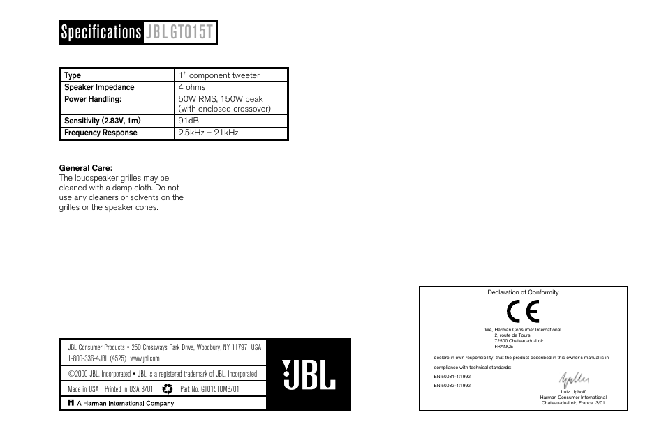 Specifications jbl gto15t | JBL GTO15T User Manual | Page 4 / 4