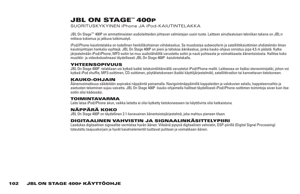 Jbl on stage | JBL 400P User Manual | Page 102 / 116