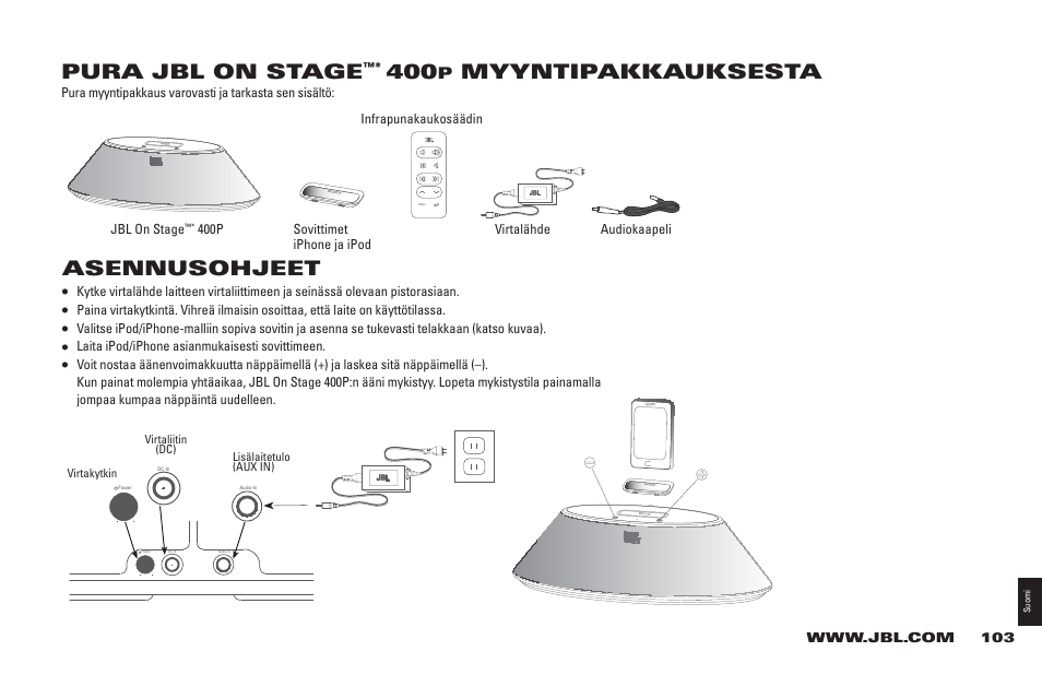 Pura jbl on stage, Myyntipakkauksesta, Asennusohjeet | JBL 400P User Manual | Page 103 / 116