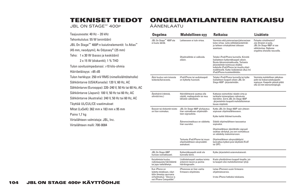 Tekniset tiedot ongelmatilanteen ratkaisu | JBL 400P User Manual | Page 104 / 116