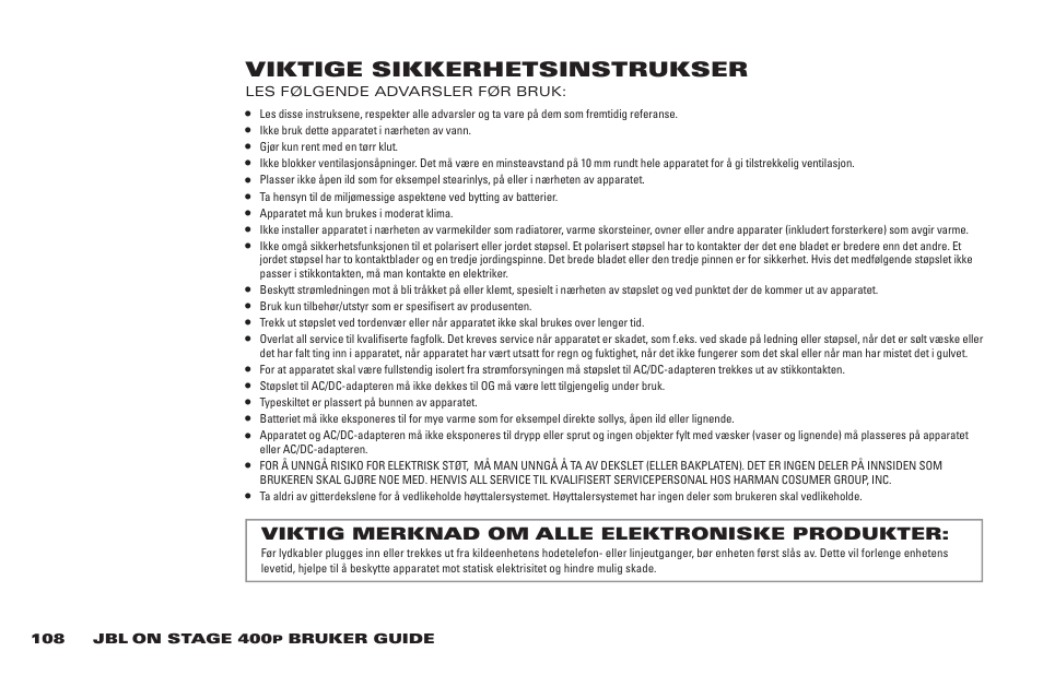 Viktige sikkerhetsinstrukser, Viktig merknad om alle elektroniske produkter | JBL 400P User Manual | Page 108 / 116