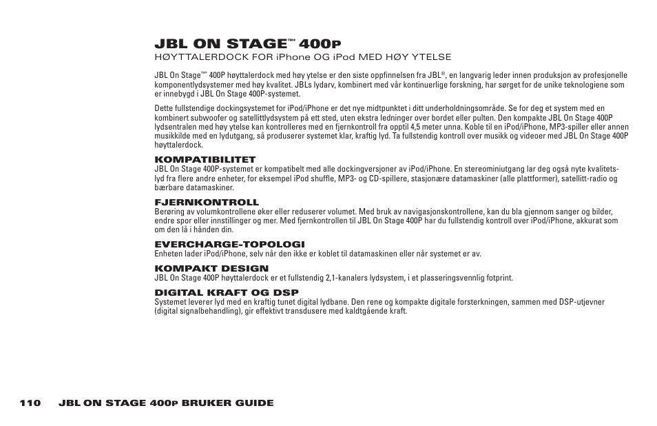 Jbl on stage | JBL 400P User Manual | Page 110 / 116