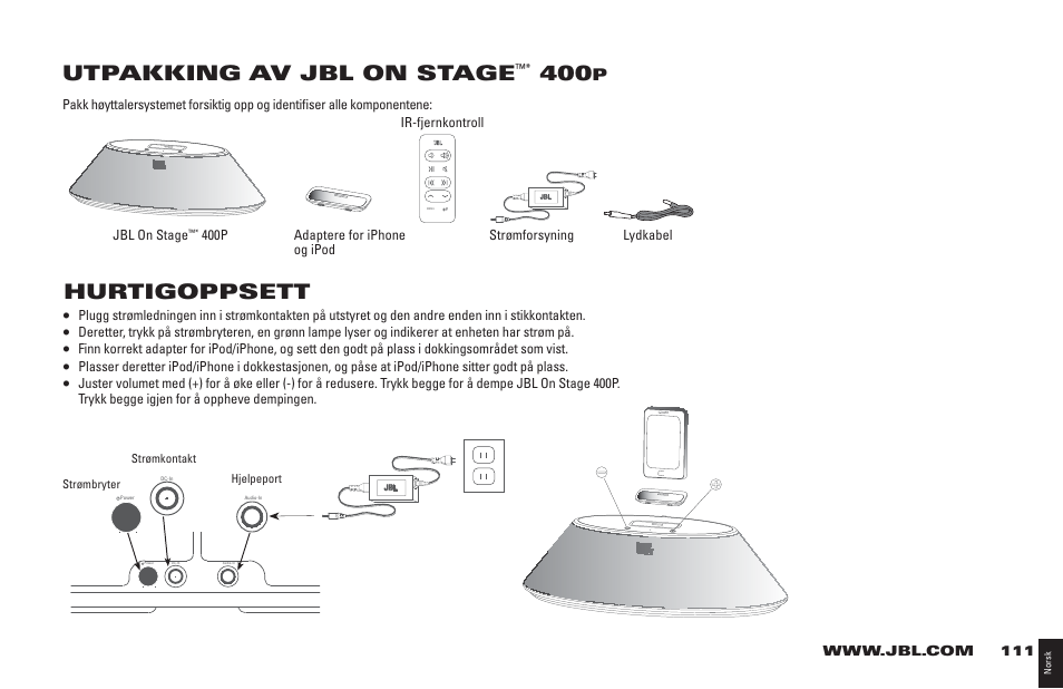 Utpakking av jbl on stage, Hurtigoppsett | JBL 400P User Manual | Page 111 / 116