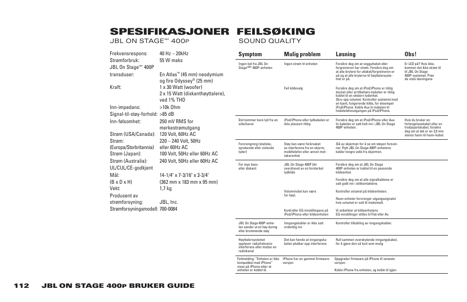 Spesifikasjoner feilsøking | JBL 400P User Manual | Page 112 / 116