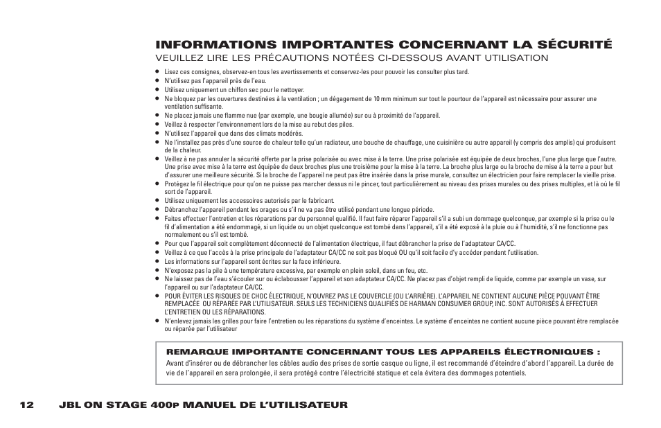 Informations importantes concernant la sécurité | JBL 400P User Manual | Page 12 / 116