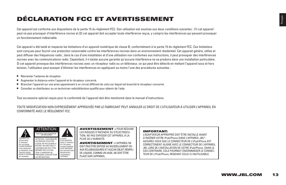 Déclaration fcc et avertissement | JBL 400P User Manual | Page 13 / 116