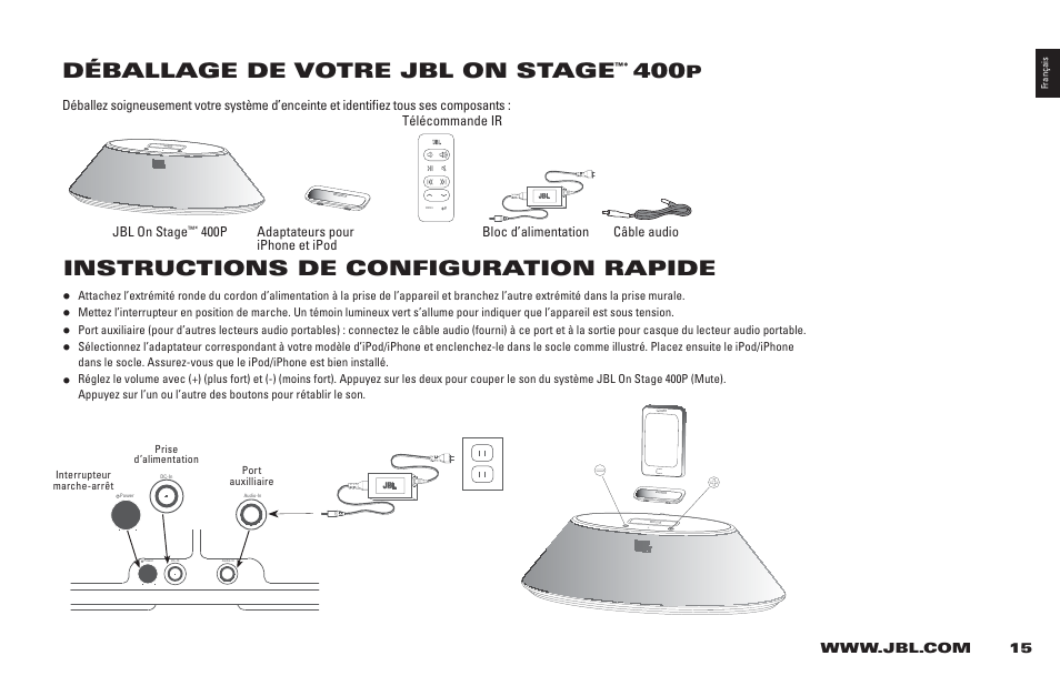 Déballage de votre jbl on stage, Instructions de configuration rapide | JBL 400P User Manual | Page 15 / 116