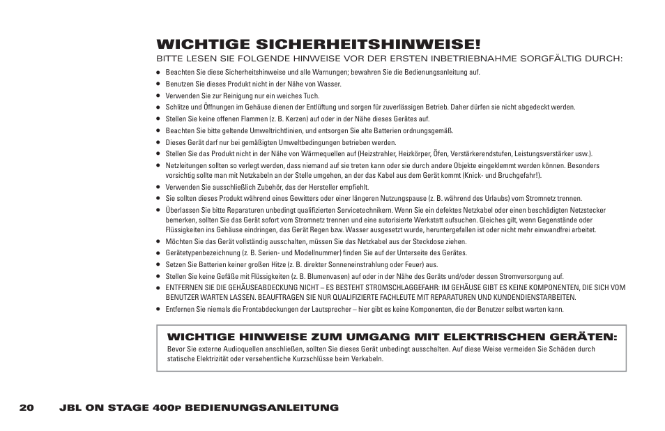 Wichtige sicherheitshinweise | JBL 400P User Manual | Page 20 / 116