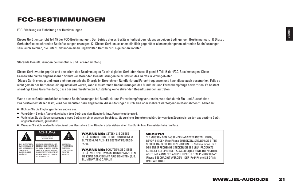 Fcc-bestimmungen | JBL 400P User Manual | Page 21 / 116