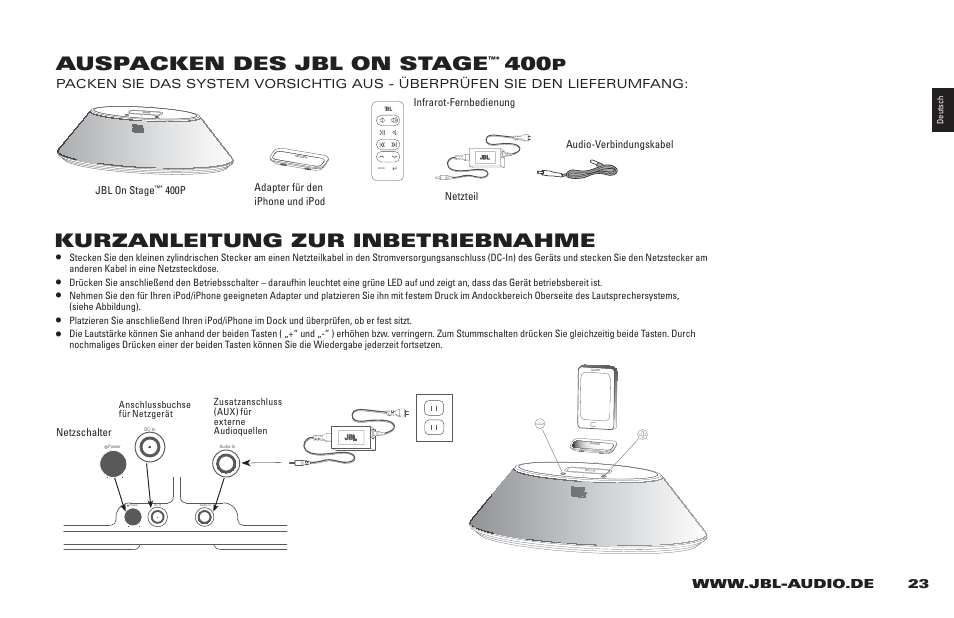 Auspacken des jbl on stage, Kurzanleitung zur inbetriebnahme | JBL 400P User Manual | Page 23 / 116