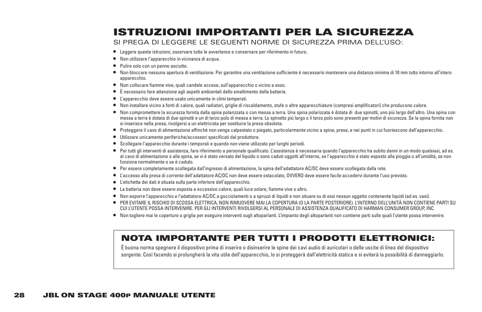 Istruzioni importanti per la sicurezza | JBL 400P User Manual | Page 28 / 116