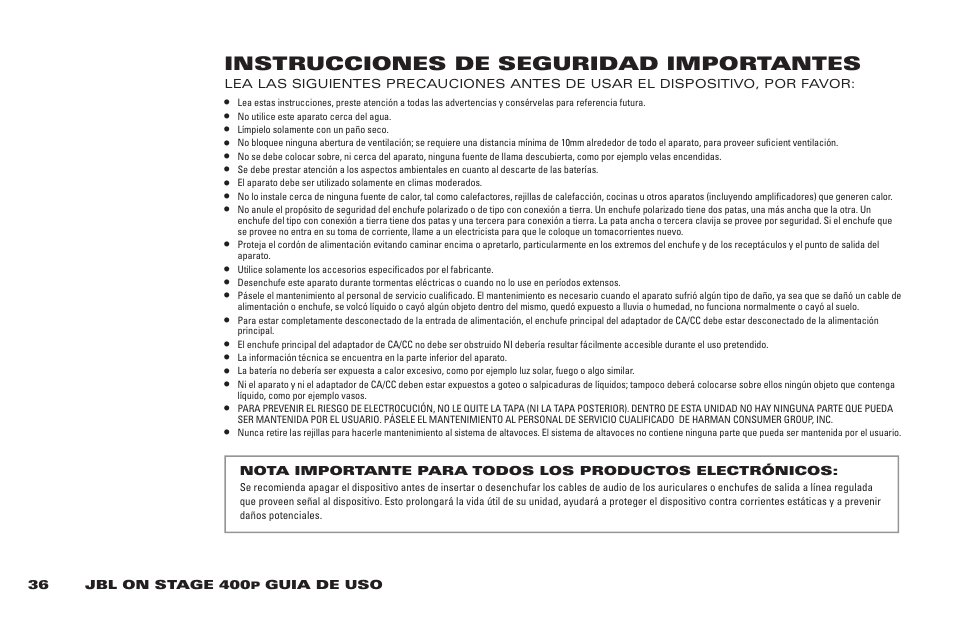 Instrucciones de seguridad importantes | JBL 400P User Manual | Page 36 / 116