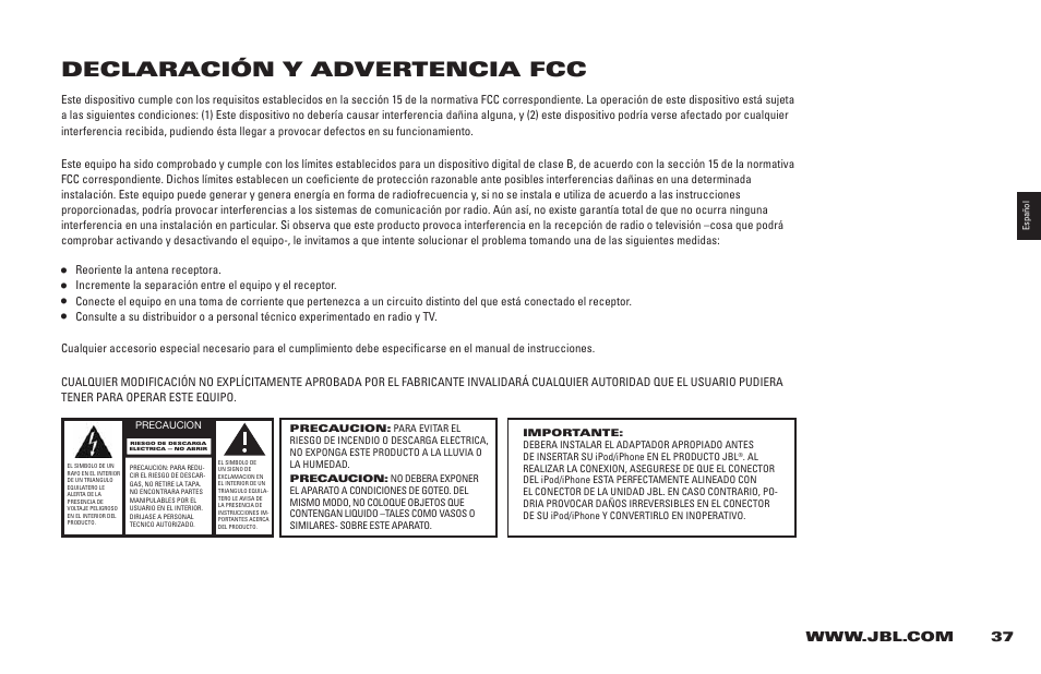 Declaración y advertencia fcc | JBL 400P User Manual | Page 37 / 116