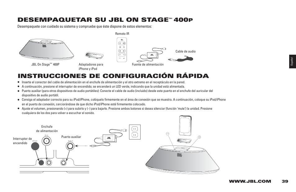 Desempaquetar su jbl on stage, Instrucciones de configuración rápida | JBL 400P User Manual | Page 39 / 116