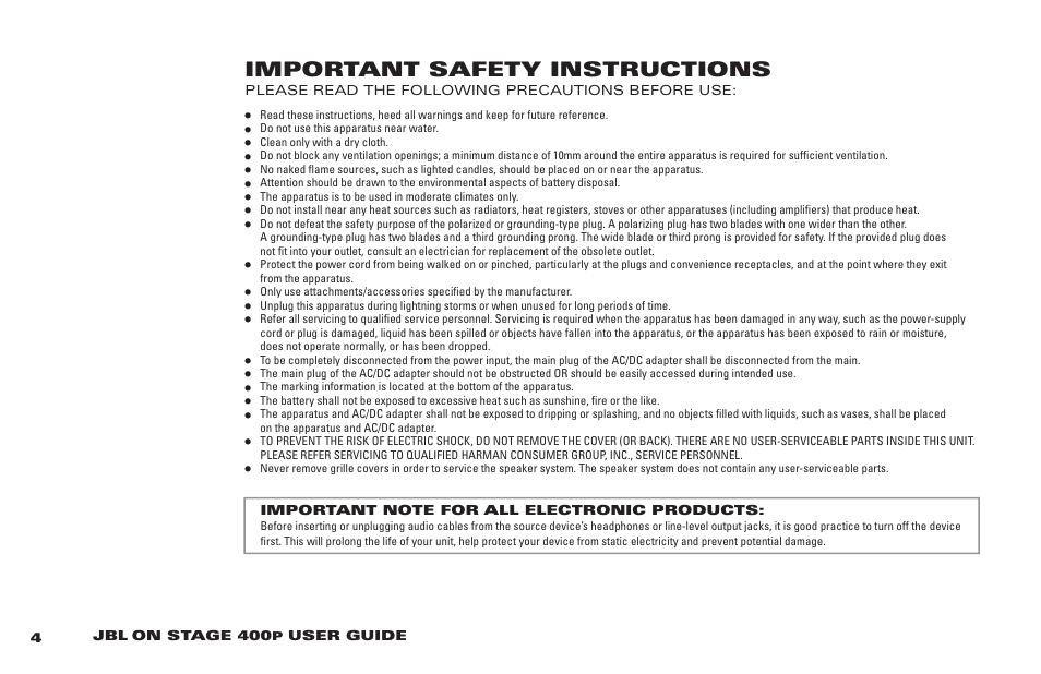 Important safety instructions | JBL 400P User Manual | Page 4 / 116